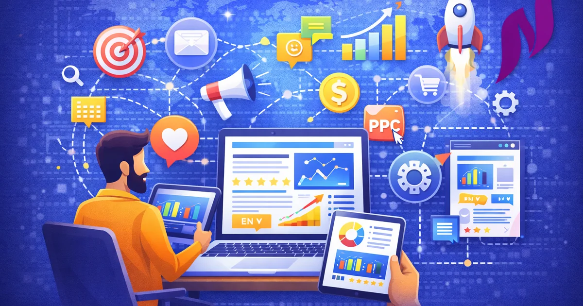 Digital marketing strategy guide showing comprehensive online marketing tactics