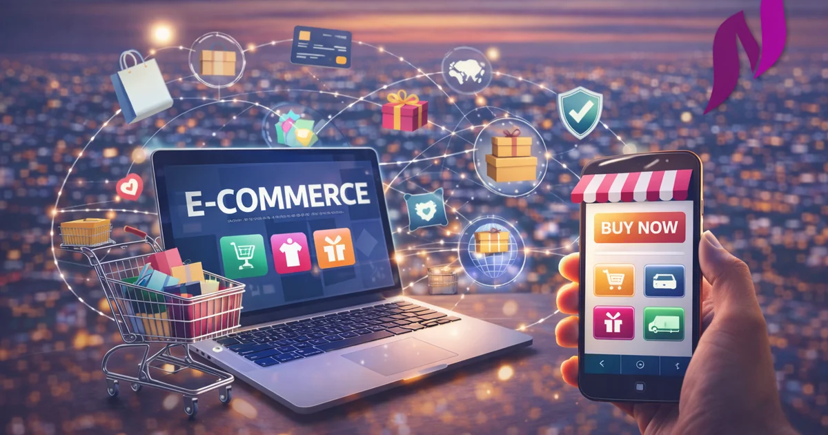 E-commerce solutions guide showing online store optimization and success strategies